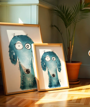 Illustration fantaisiste d’un chien bleu aux traits expressifs