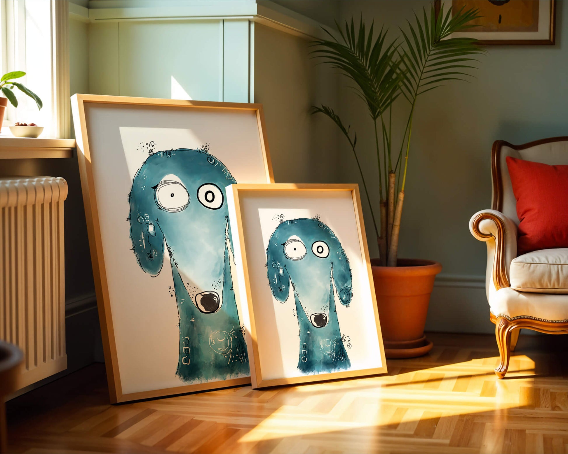 Whimsical blue dog illustration with expressive features