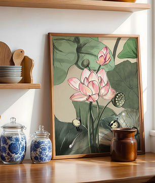 Illustrated lotus with playful cartoon bees in a serene garden