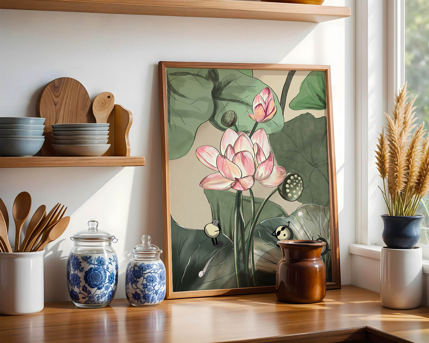 Illustrated lotus with playful cartoon bees in a serene garden