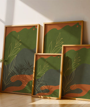 Abstrakte botanische Kunst mit Goldblatt auf buntem Hintergrund