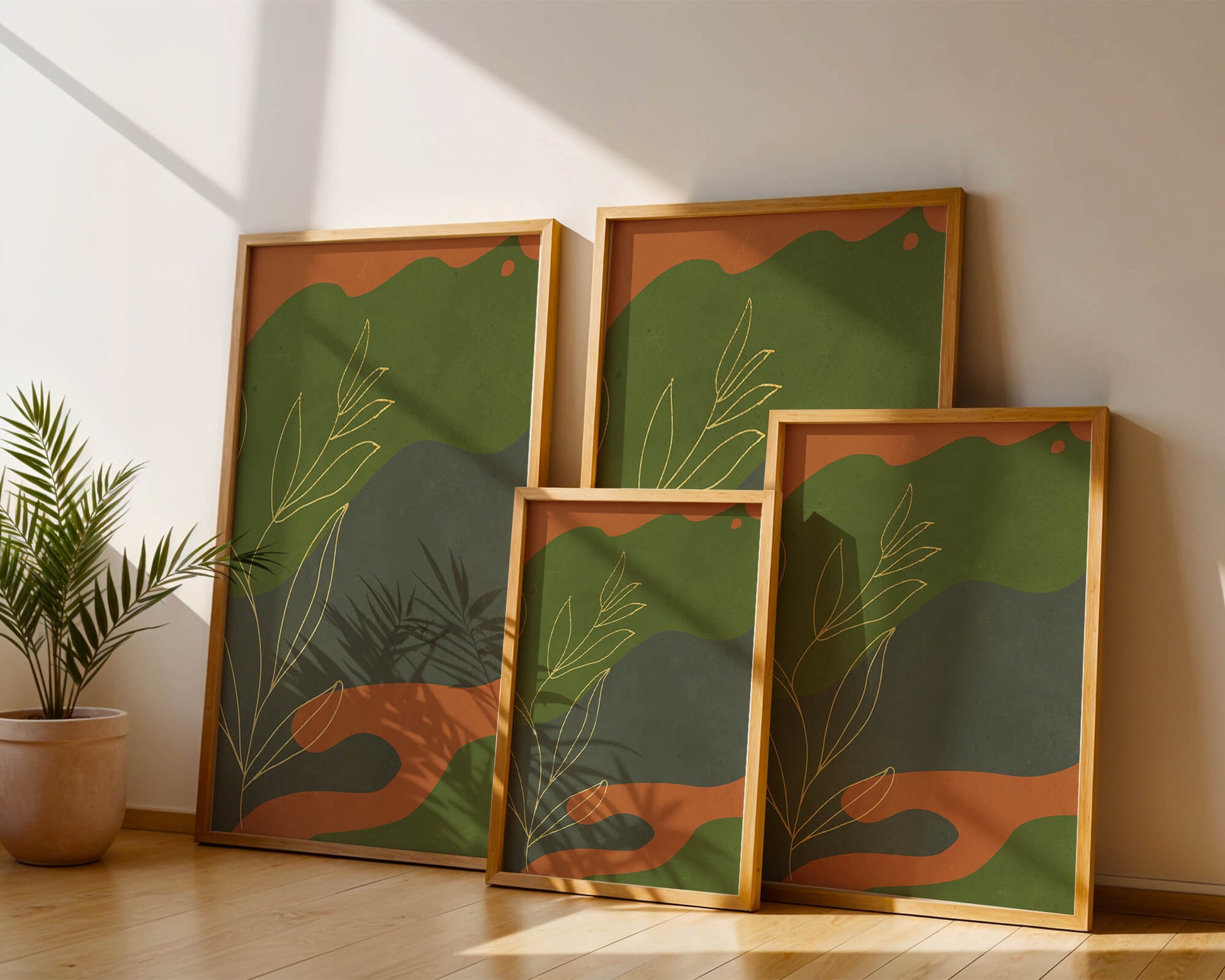Abstrakte botanische Kunst mit Goldblatt auf buntem Hintergrund
