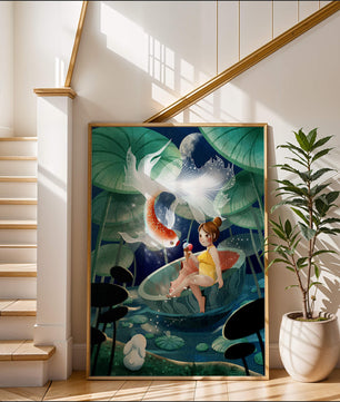 Illustration imaginative d'une fille avec un poisson et un lapin sous des nénuphars illuminés par la lune