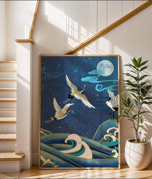 Una escena nocturna serena con grullas y olas al estilo del arte tradicional japonés