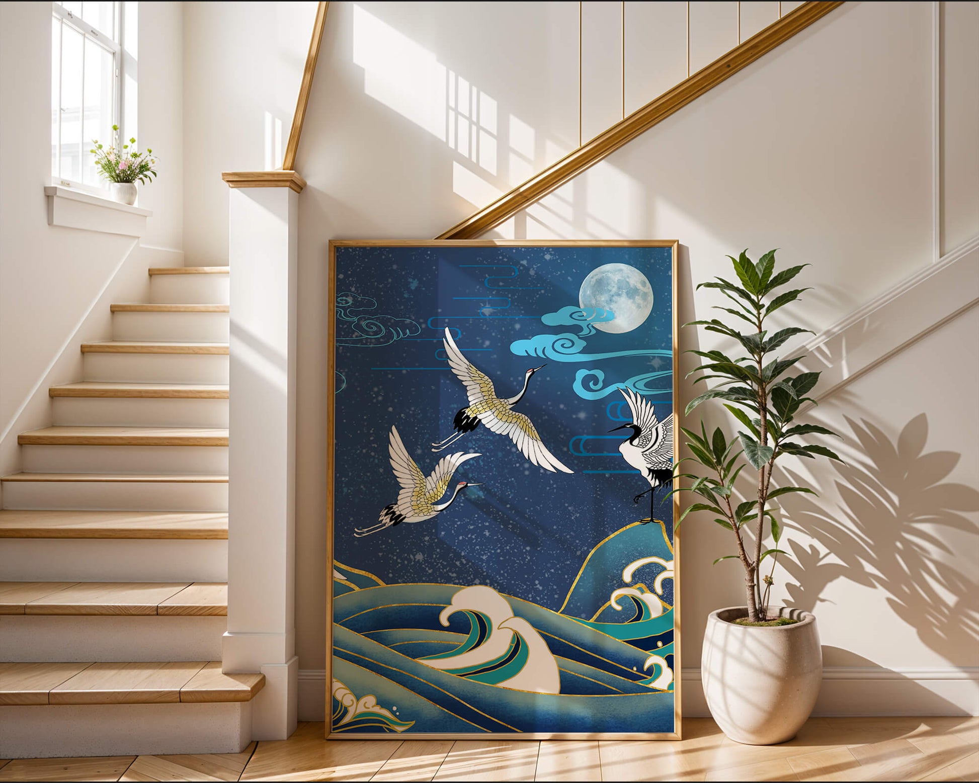 A Serene Night Scene with Cranes and Waves in Traditional Japanese Art Style