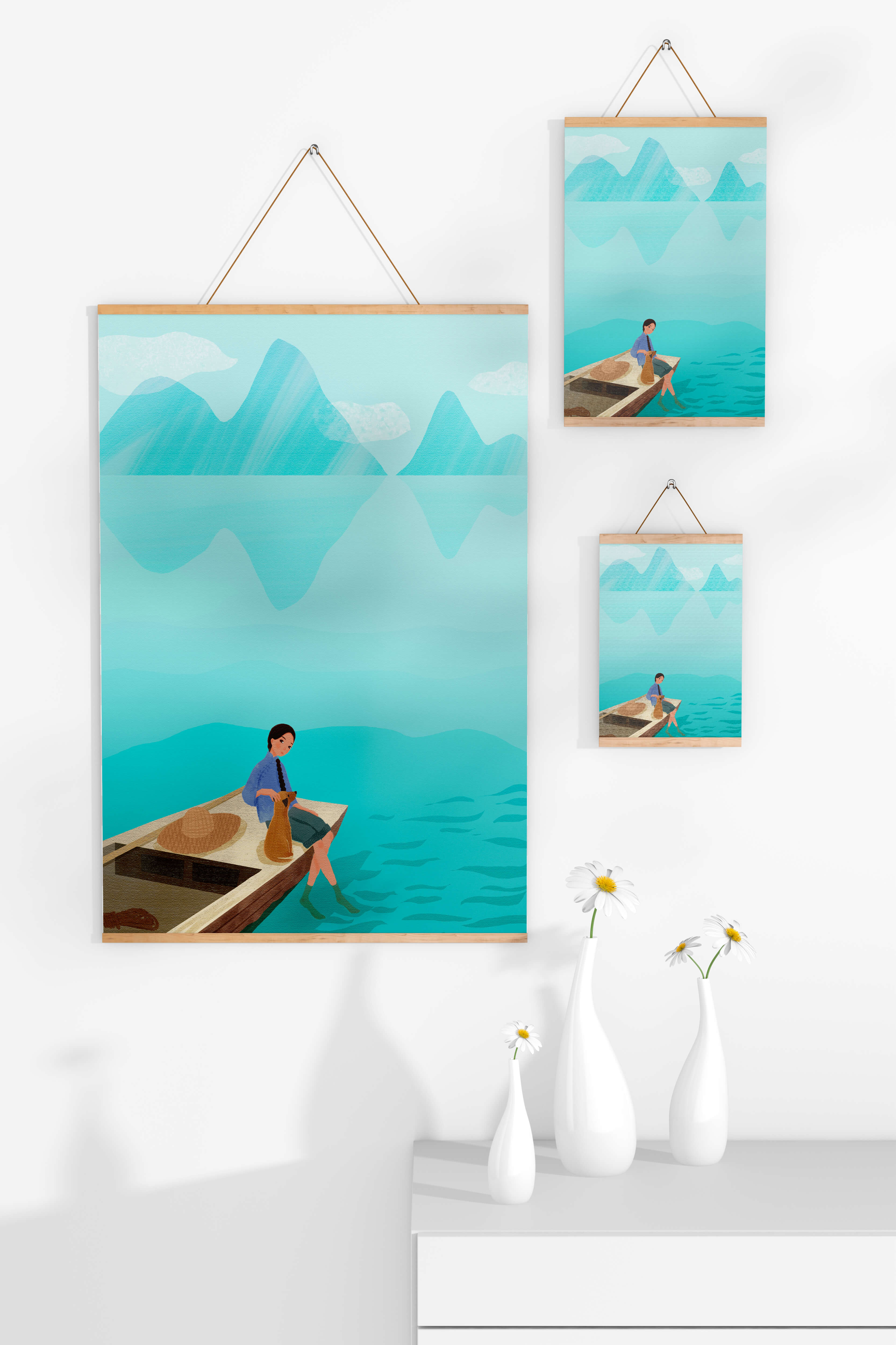 Serene scene with woman and dog on a boat by tranquil waters