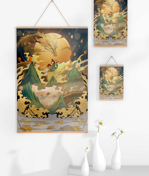 Mythical dragon and warrior painting with golden elements against a mountainous landscape
