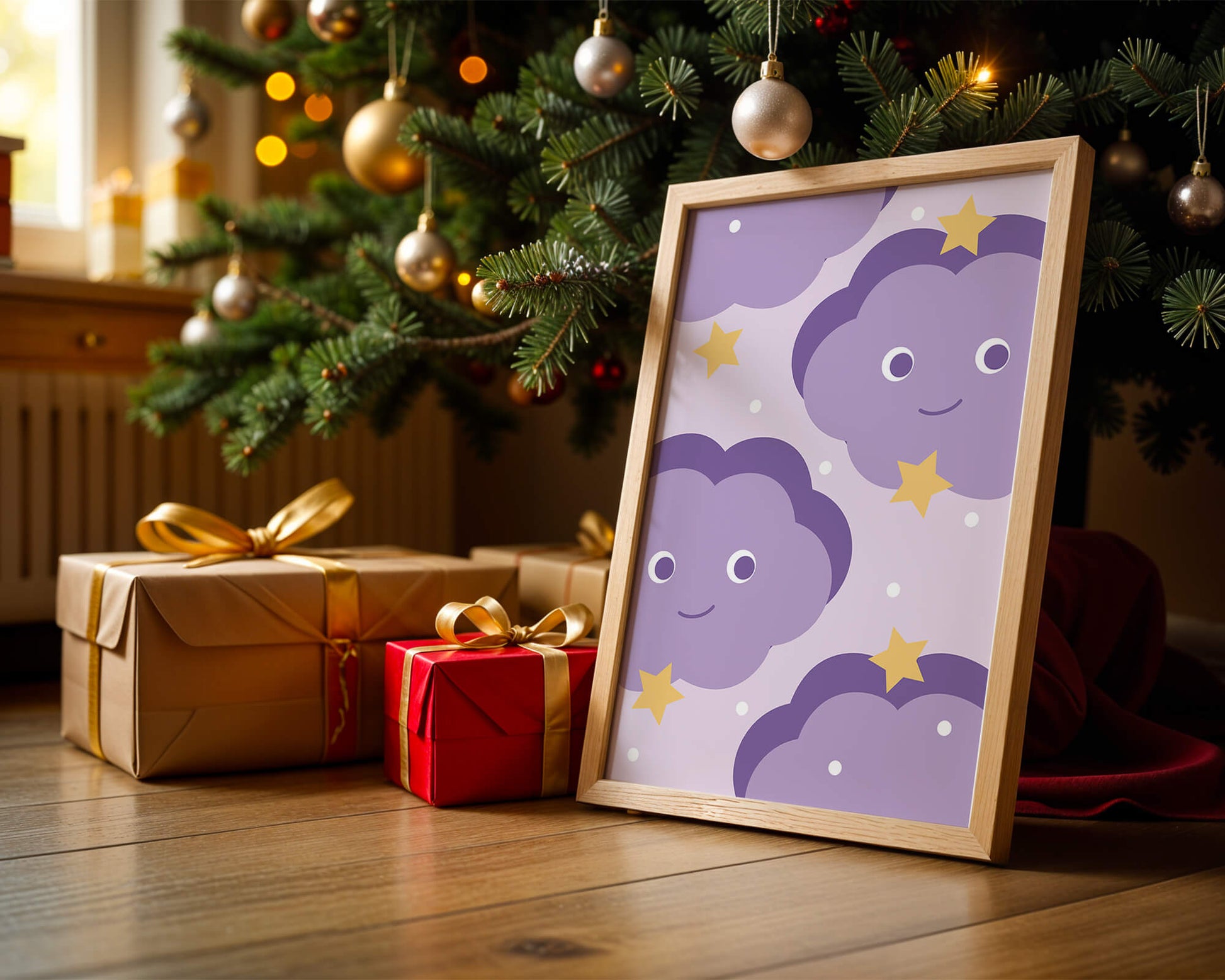 Whimsical purple cloud and star pattern for children's room decor