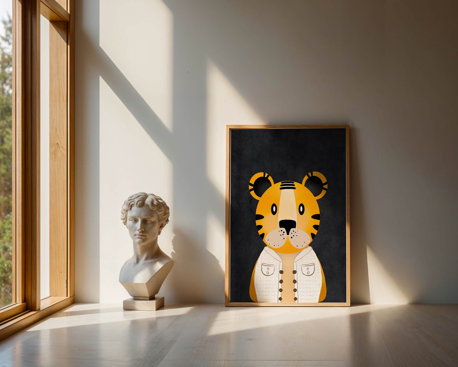 Illustration of cute cartoon tiger character in stylish outfit on dark background