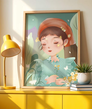 Ilustración serena de una chica en la naturaleza con flores y mariposas