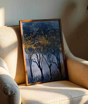 Mystical forest landscape with gold splatter art
