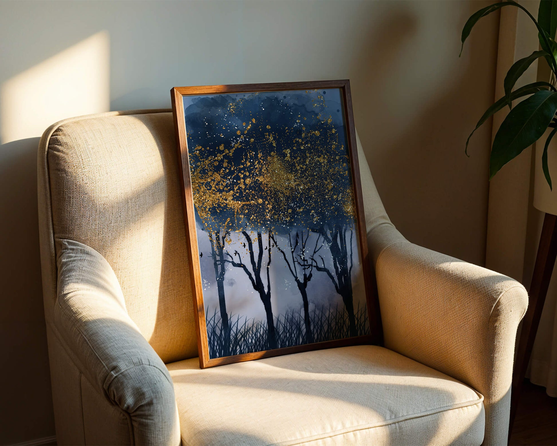 Mystical forest landscape with gold splatter art