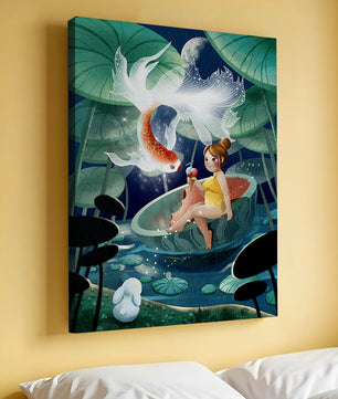 Illustration imaginative d'une fille avec un poisson et un lapin sous des nénuphars illuminés par la lune
