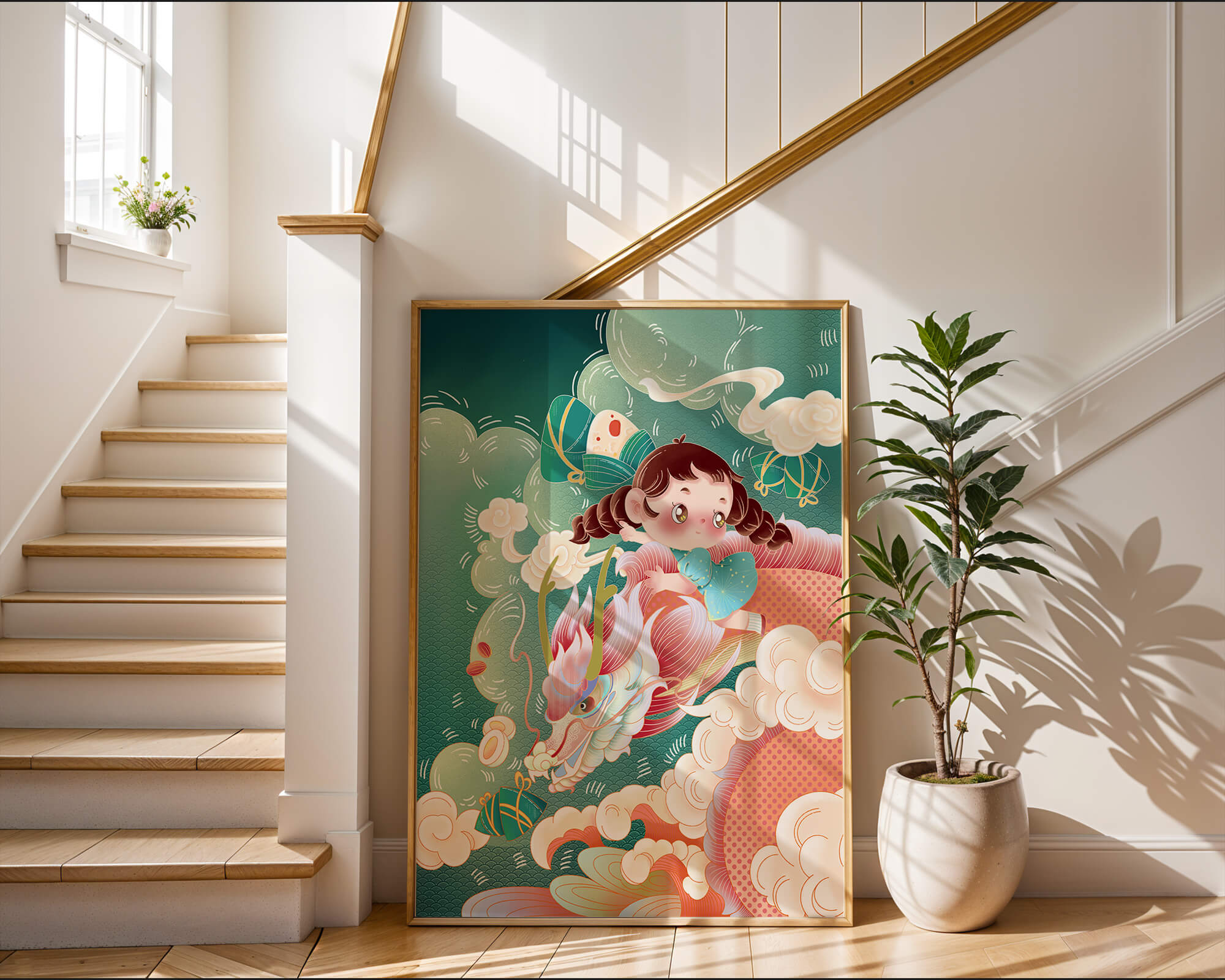 Whimsical scene of a girl riding a dragon through clouds