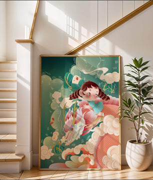 Whimsical scene of a girl riding a dragon through clouds