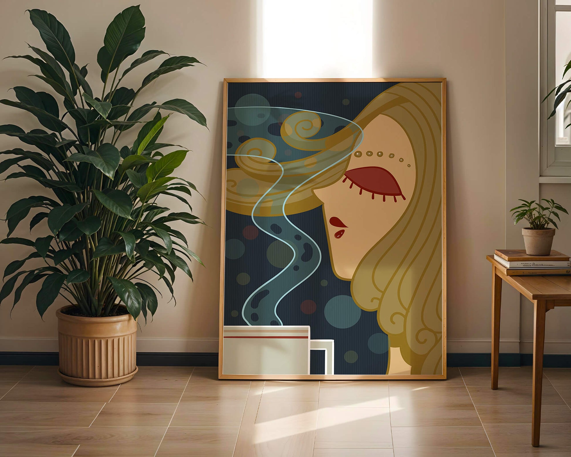 Stylized portrait of a woman with flowing hair and steaming coffee