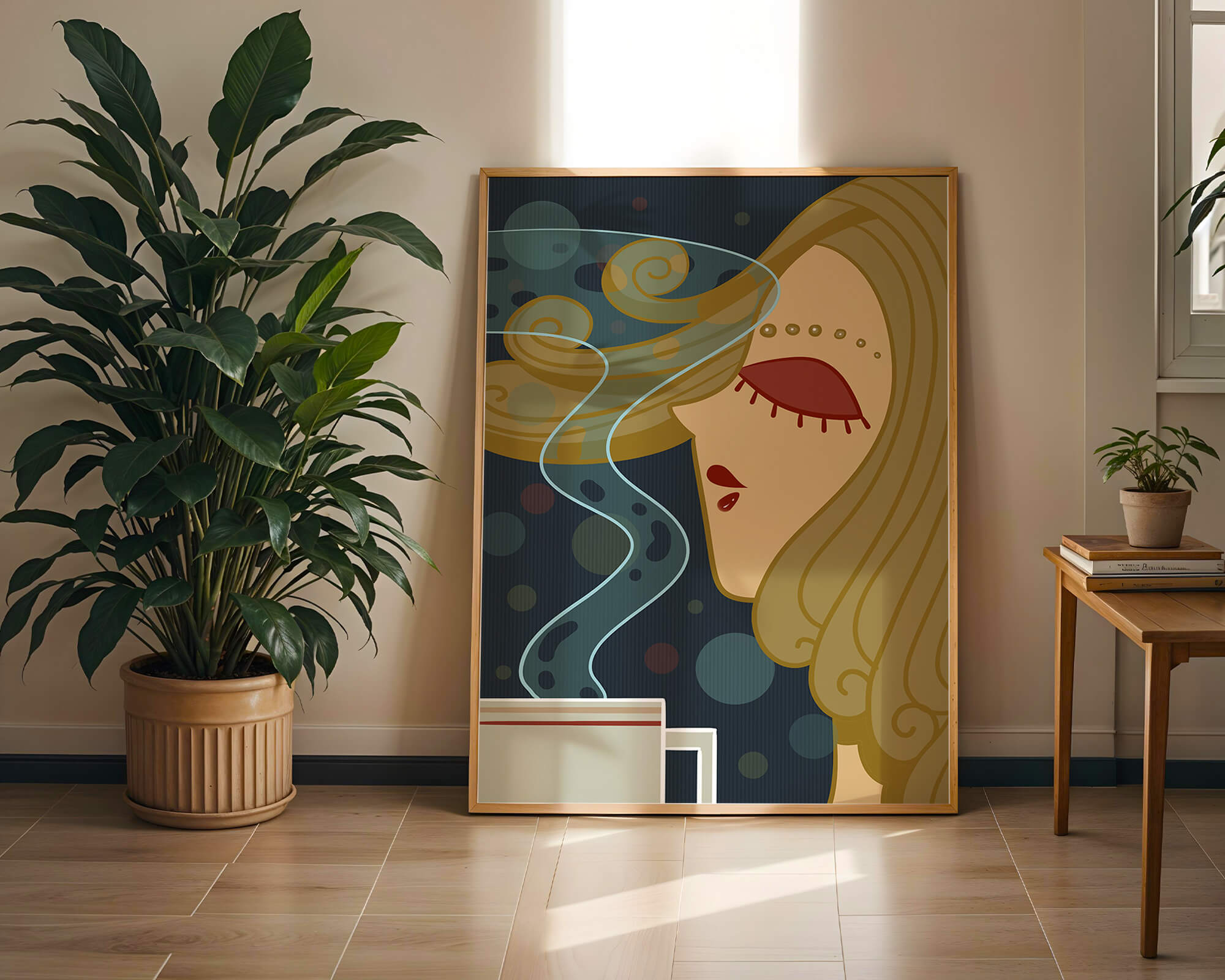 Stylized portrait of a woman with flowing hair and steaming coffee