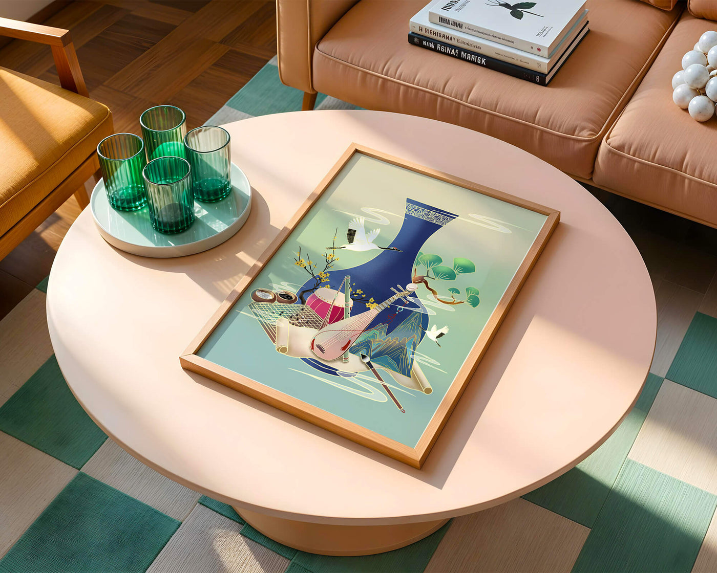 Traditional Asian art scene featuring vase, musical instruments, and cranes