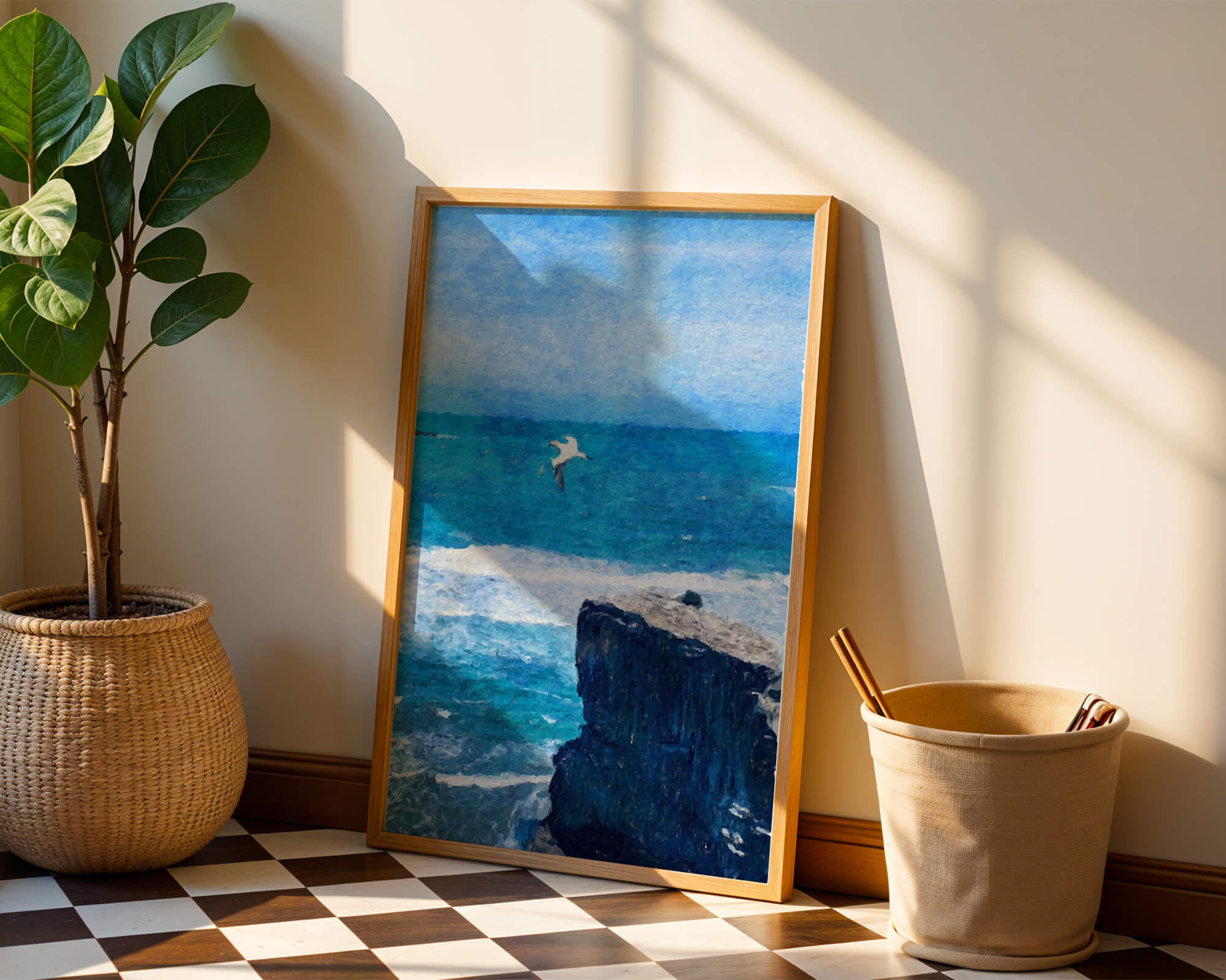 Seascape with soaring seagull over rocky cliff and ocean waves