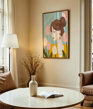 Serene woman surrounded by pastel tulips illustration