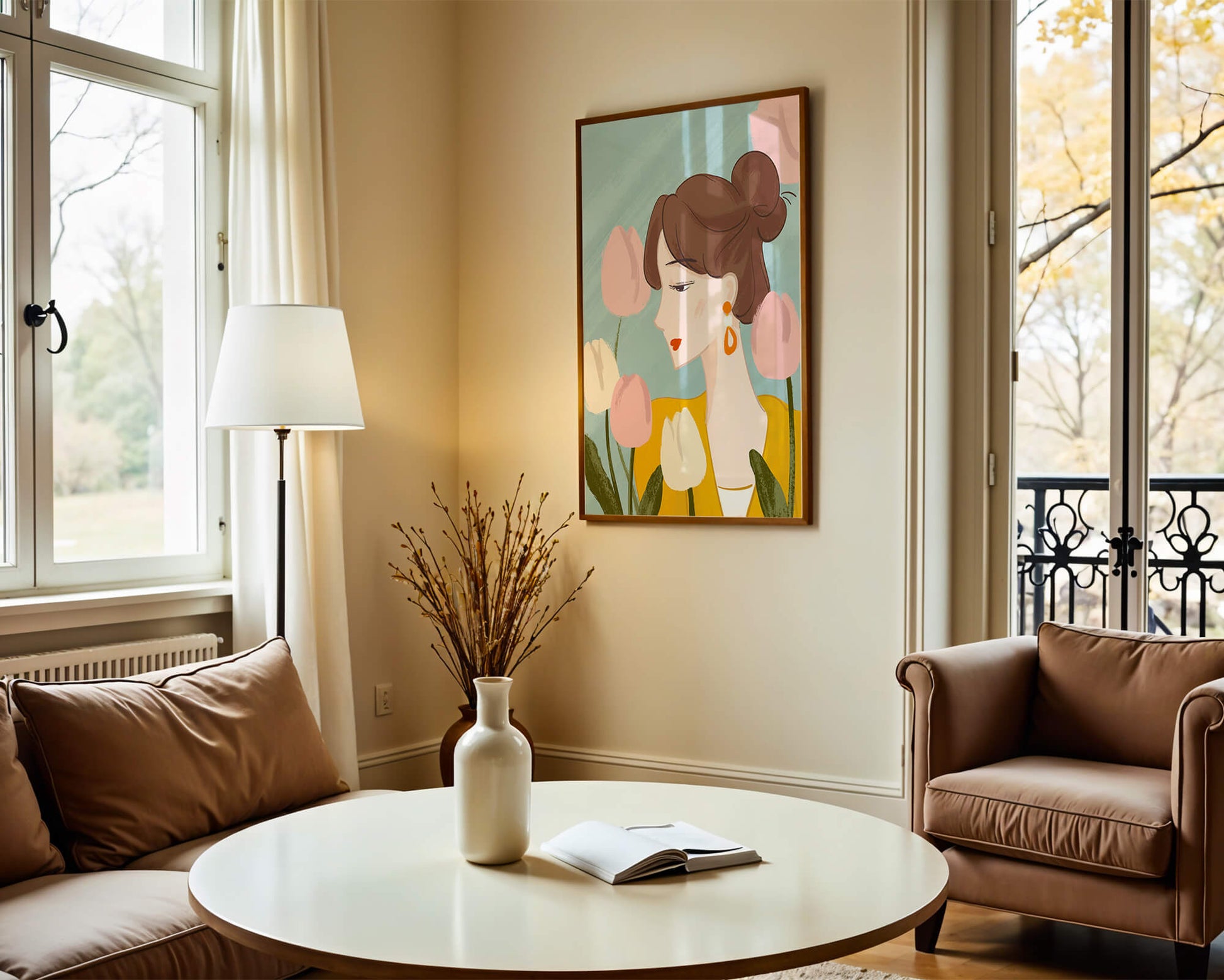 Serene woman surrounded by pastel tulips illustration