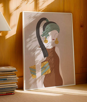 Retrato de mujer estilizado con colores apagados y elementos geométricos