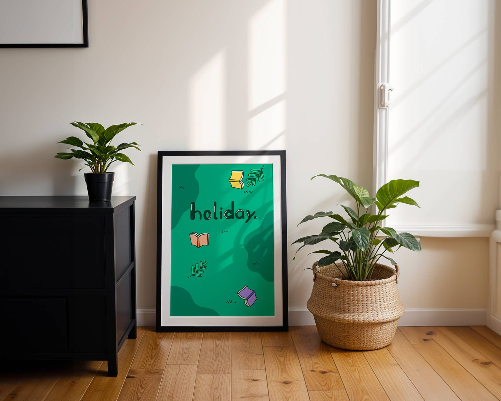 Colorful holiday-themed design with books and leaves