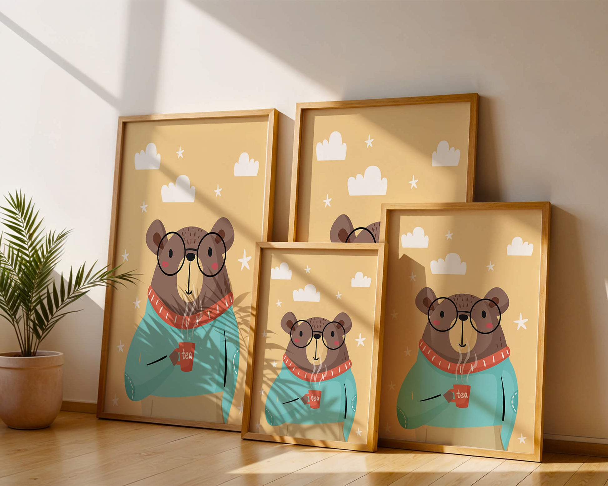 Illustration of a bear with glasses holding a tea cup against a starry background
