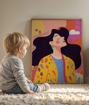 Ilustración colorida de una mujer en estilo artístico con fondo vibrante