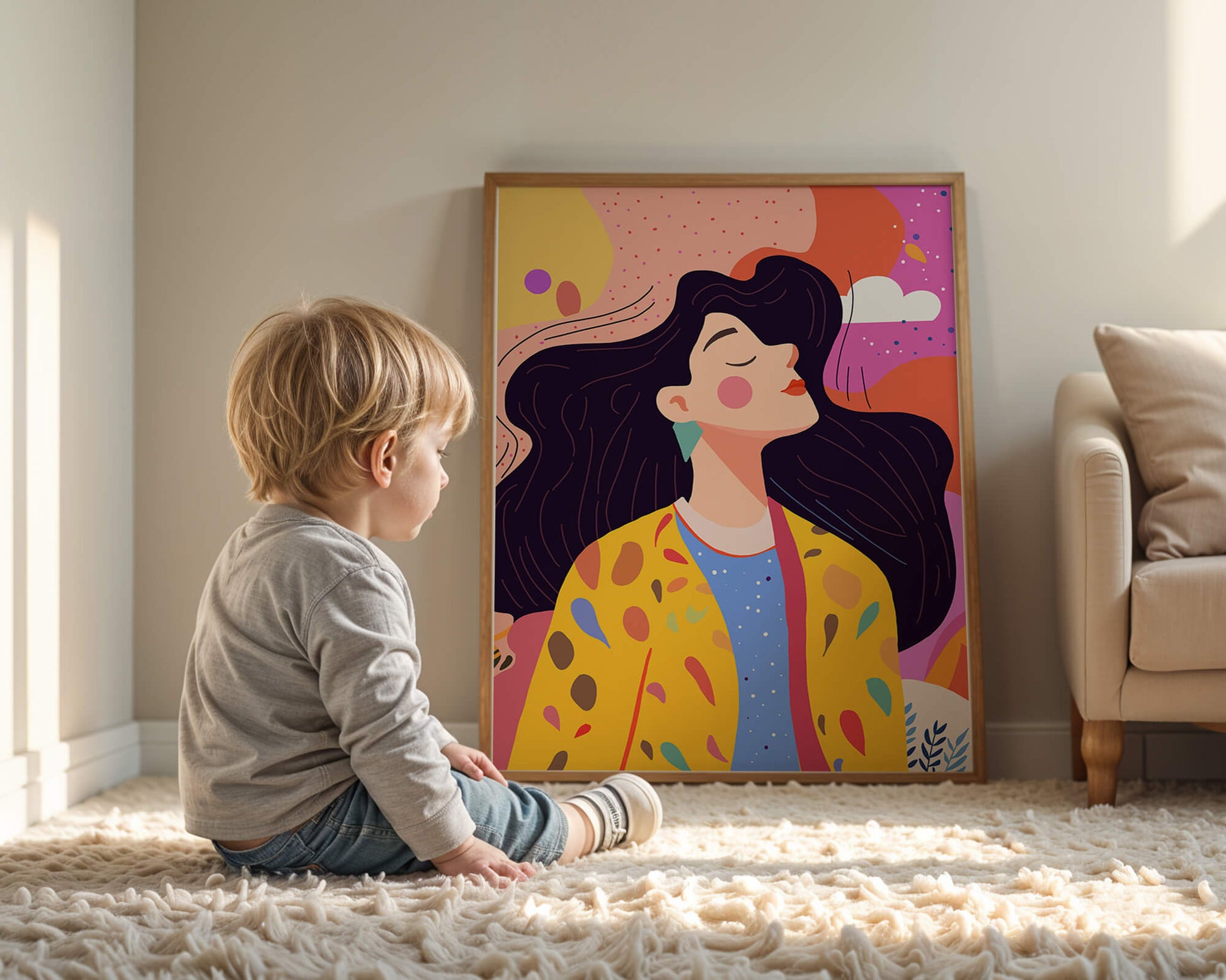 Ilustración colorida de una mujer en estilo artístico con fondo vibrante