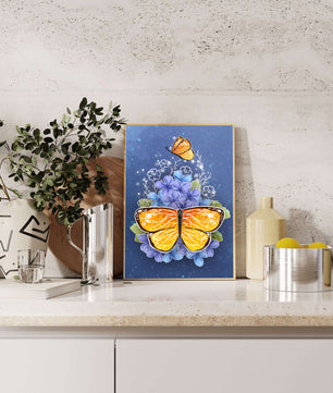 Bright butterfly with blue flowers on a starry background