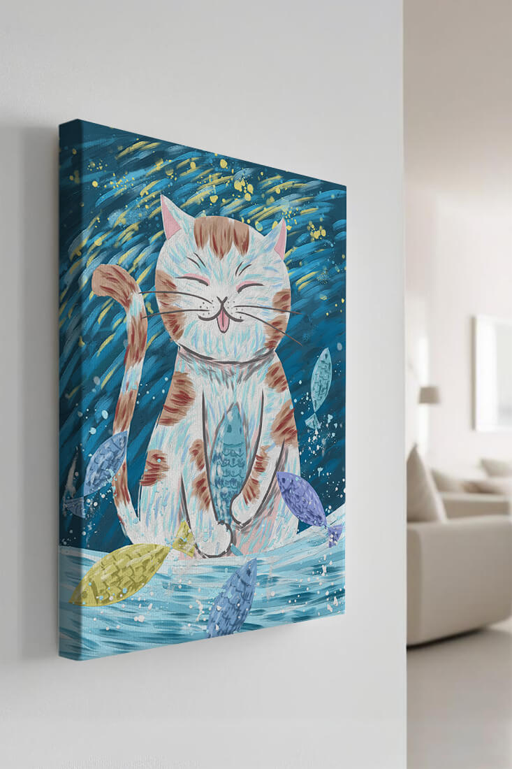 Whimsical cat with colorful fish and playful brushstrokes