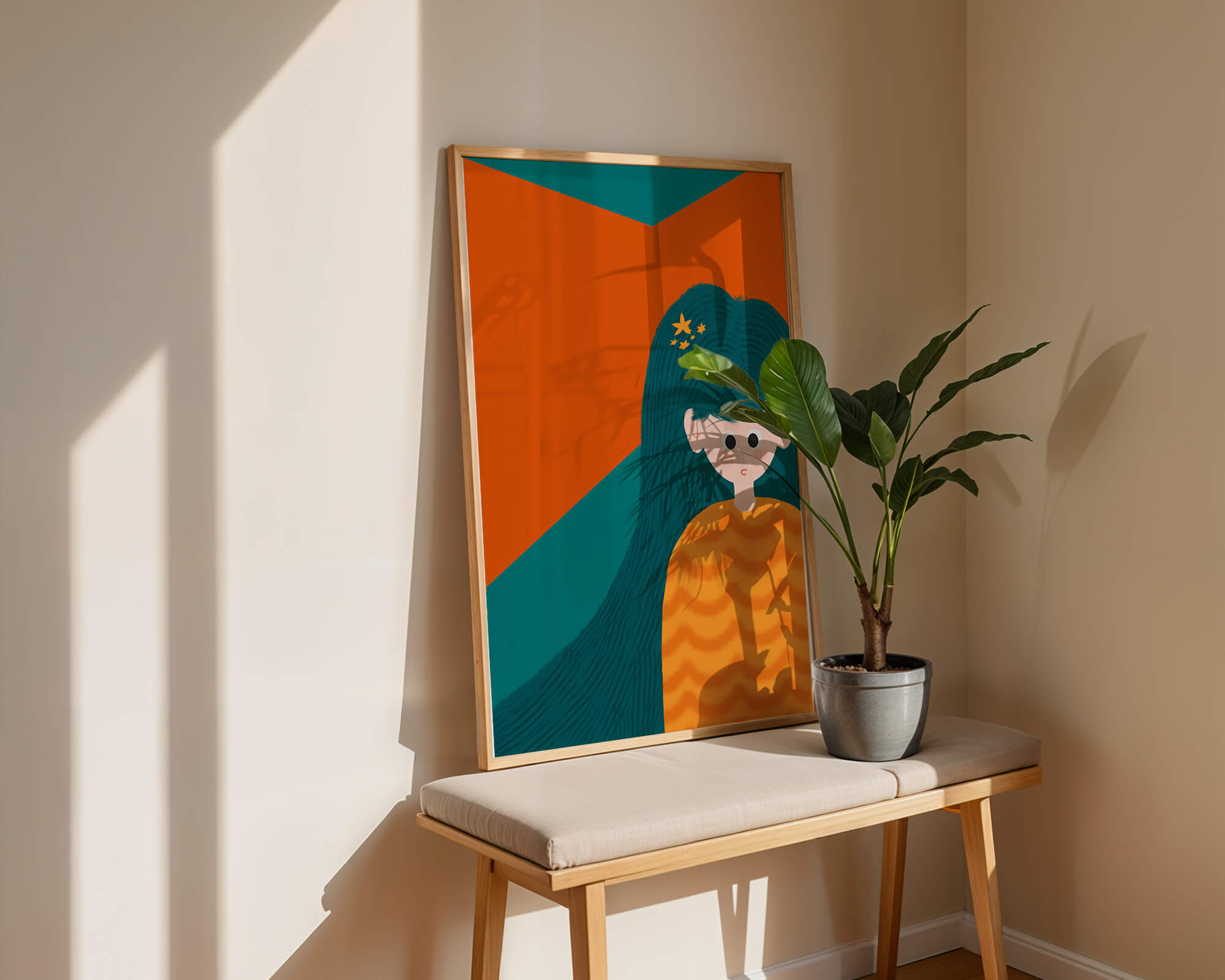 Colorful abstract illustration of a character with teal hair and orange background