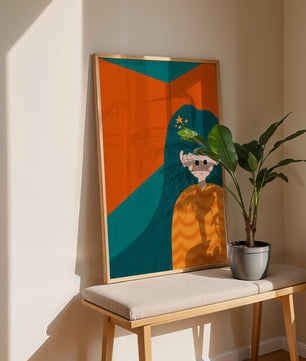 Colorful abstract illustration of a character with teal hair and orange background