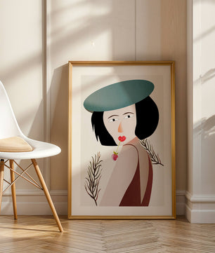 Mujer con sombrero azul y flor en estilo arte moderno