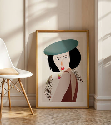 Woman with Blue Hat and Flower in Modern Art Style