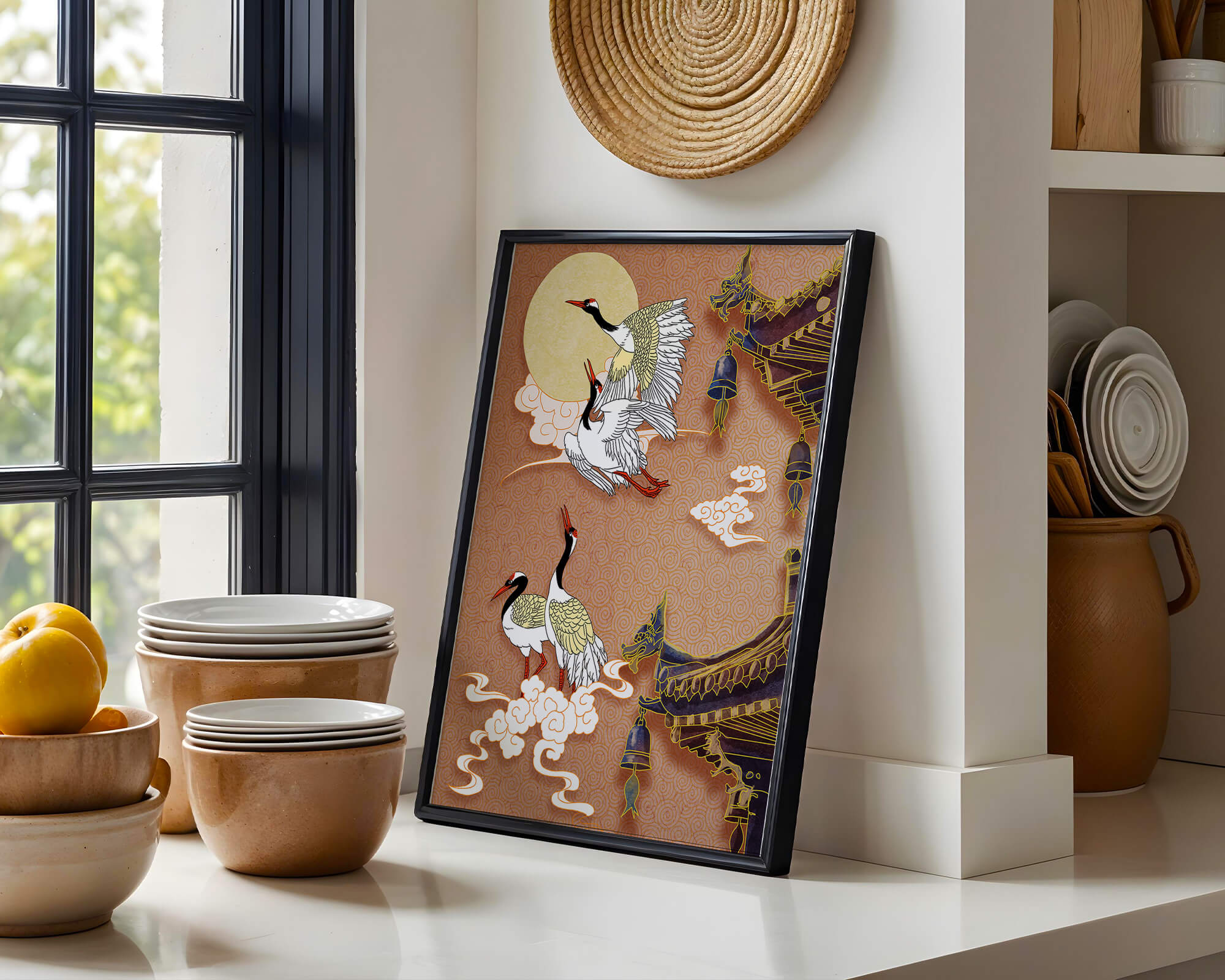 Elegant cranes flying beside traditional Asian architecture under moonlight