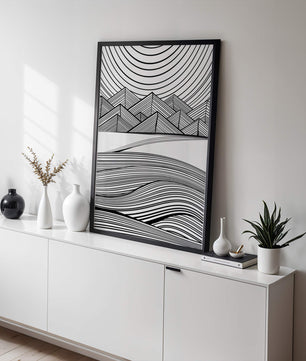 Abstract Black and White Geometric Landscape with Line Art