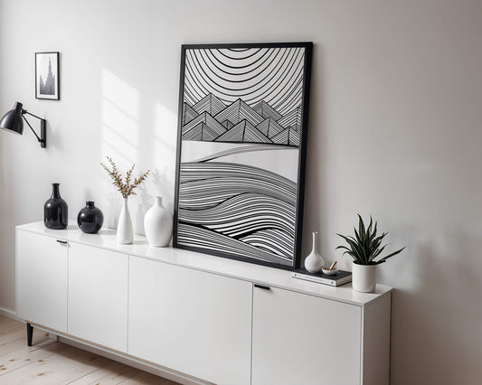 Abstract Black and White Geometric Landscape with Line Art