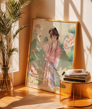 Femme élégante en tenue traditionnelle avec lotus en fleurs et grues