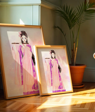 Illustration élégante à l’aquarelle d’une femme traditionnelle en tenue rose