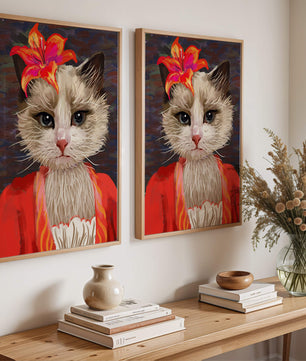 Retrato de gato con acentos de flores vibrantes y atuendo colorido