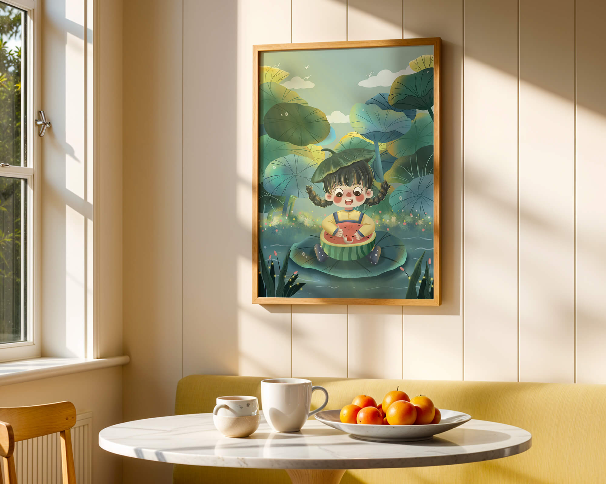 Charming illustration of a child enjoying watermelon amidst whimsical nature
