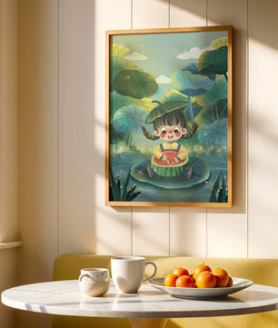 Charming illustration of a child enjoying watermelon amidst whimsical nature