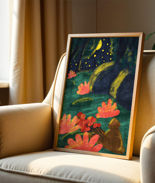 Mystical night garden with bright flowers and starlit sky