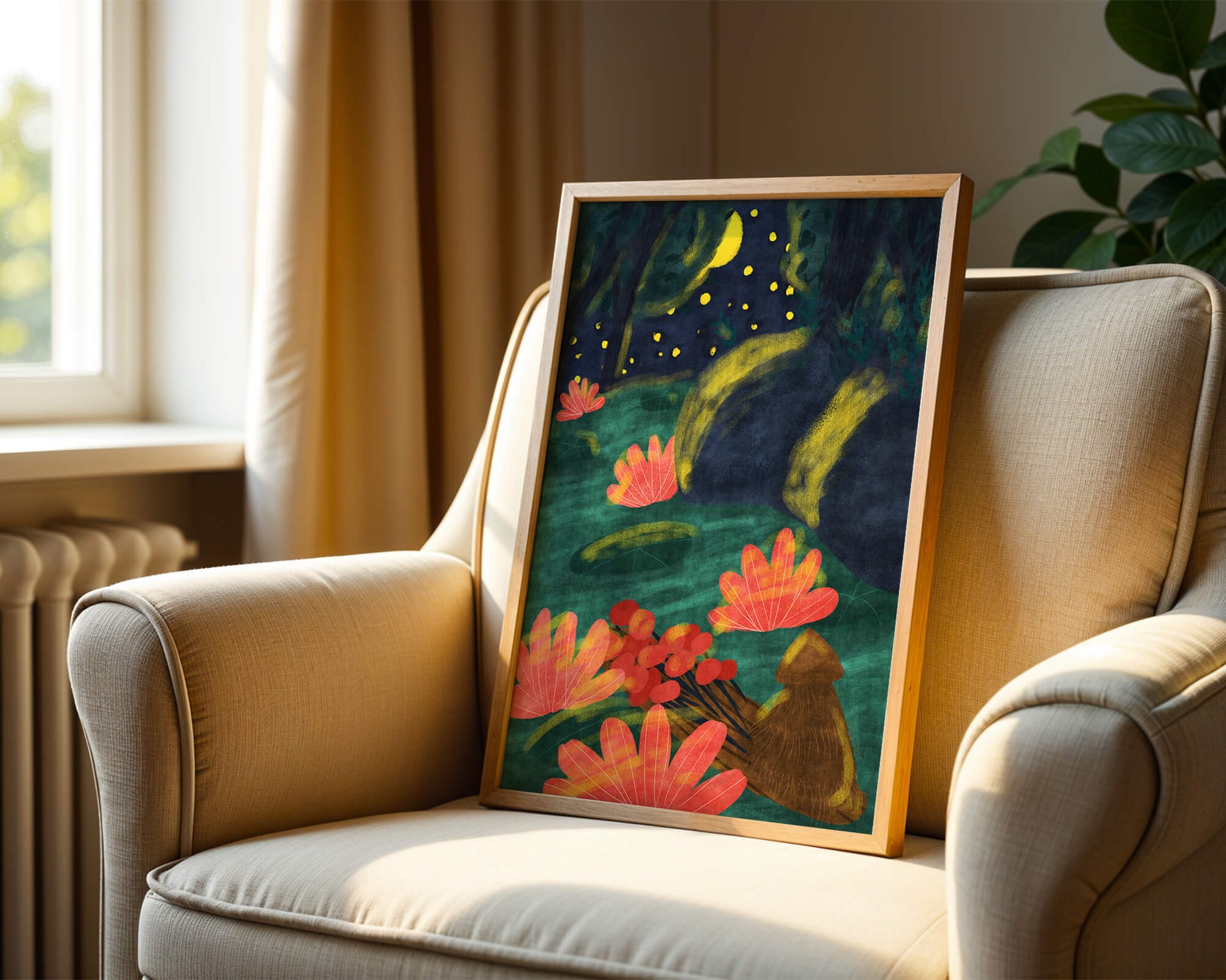 Mystical night garden with bright flowers and starlit sky