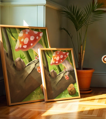 Charming forest scene with a fox resting under mushrooms