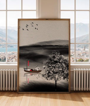 Voyage paisible en bateau dans un paysage serein avec oiseaux et arbre