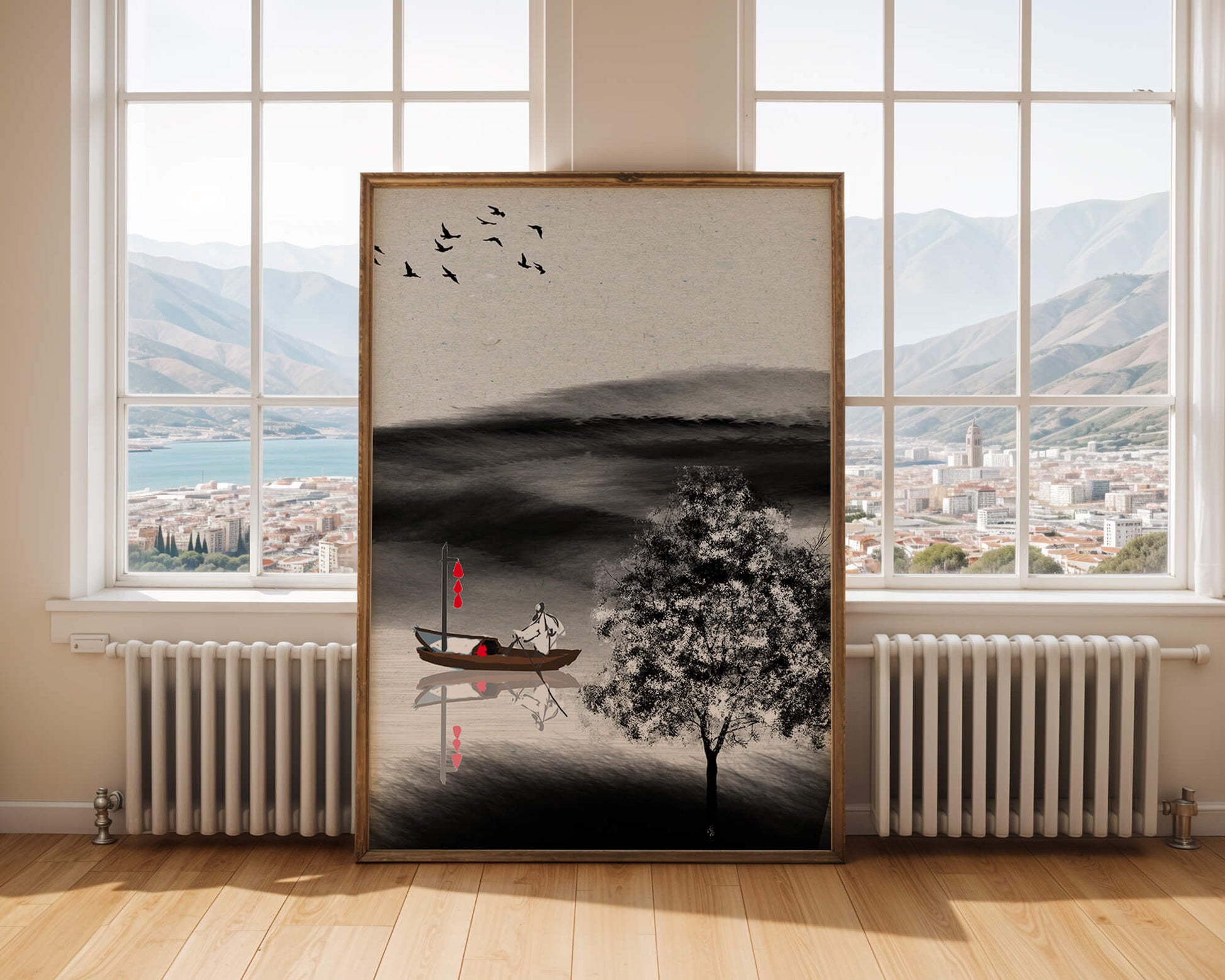 Tranquilo viaje en barco en un paisaje sereno con pájaros y árbol