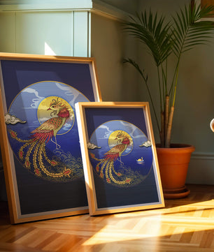 Phénix doré aux plumes éclatantes dans un décor marin mystique